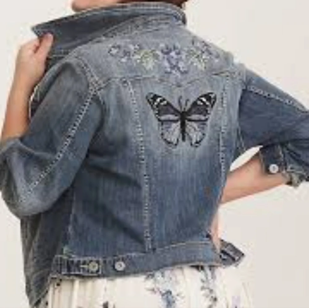 Torrid Blue Jean Jacket with Butterfly and Floral Embroidery - Picture 2 of 11